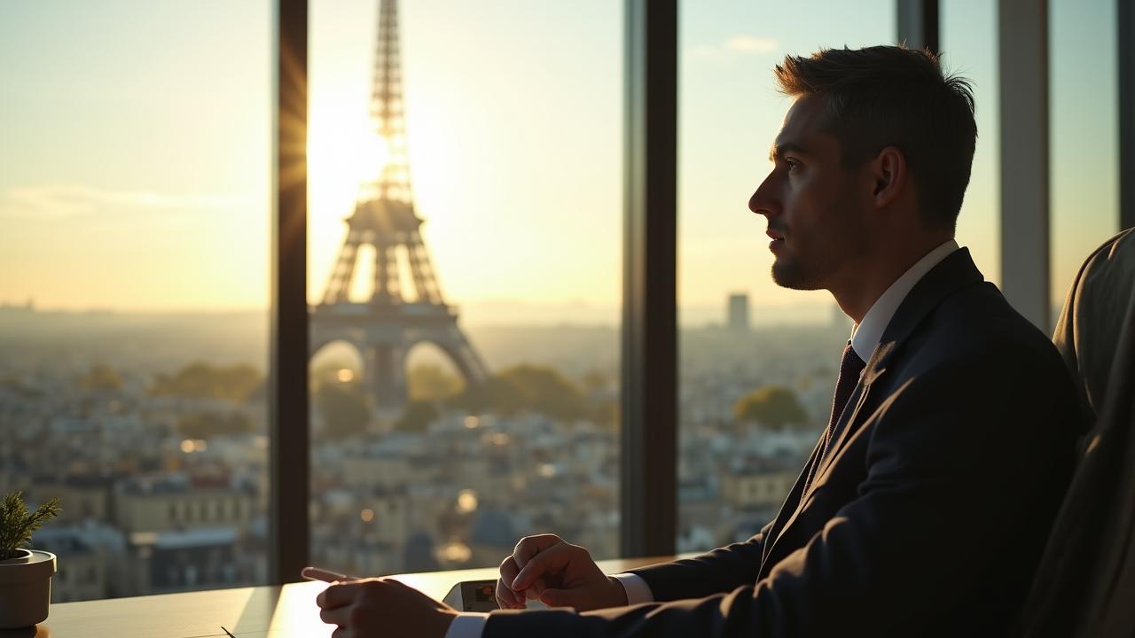 Executive holding a meeting in a Parisian office with Eiffel Tower view